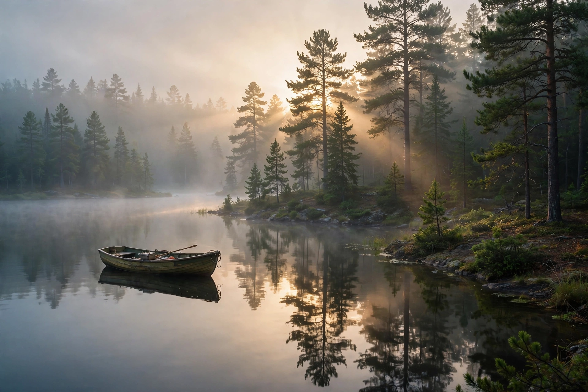 Fishing — misty lake at dawn